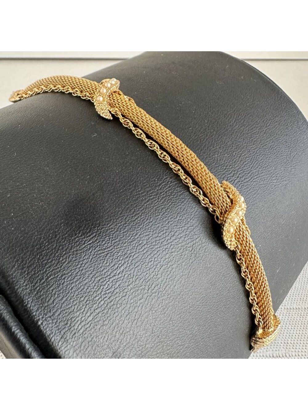 Vintage Gold Tone Mesh Bracelet Faux Seed Pearl Rope Chain Fold Over Clasp